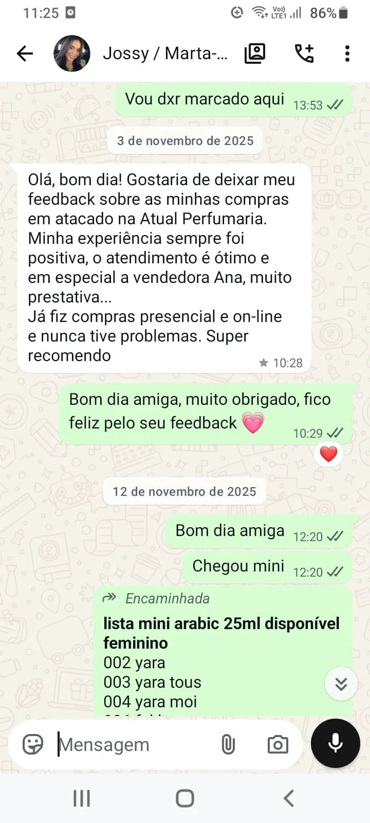 Conversa de revendedora da Atual Perfumaria no WhatsApp