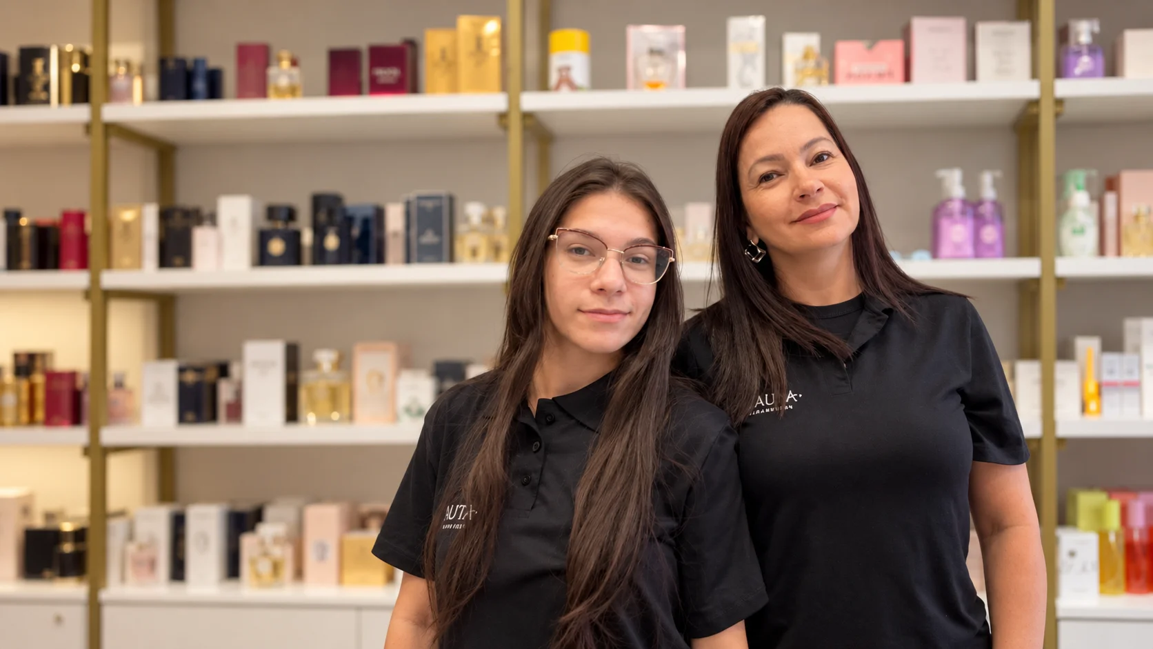Gleice e Anna na loja da Atual Perfumaria, em Goiânia